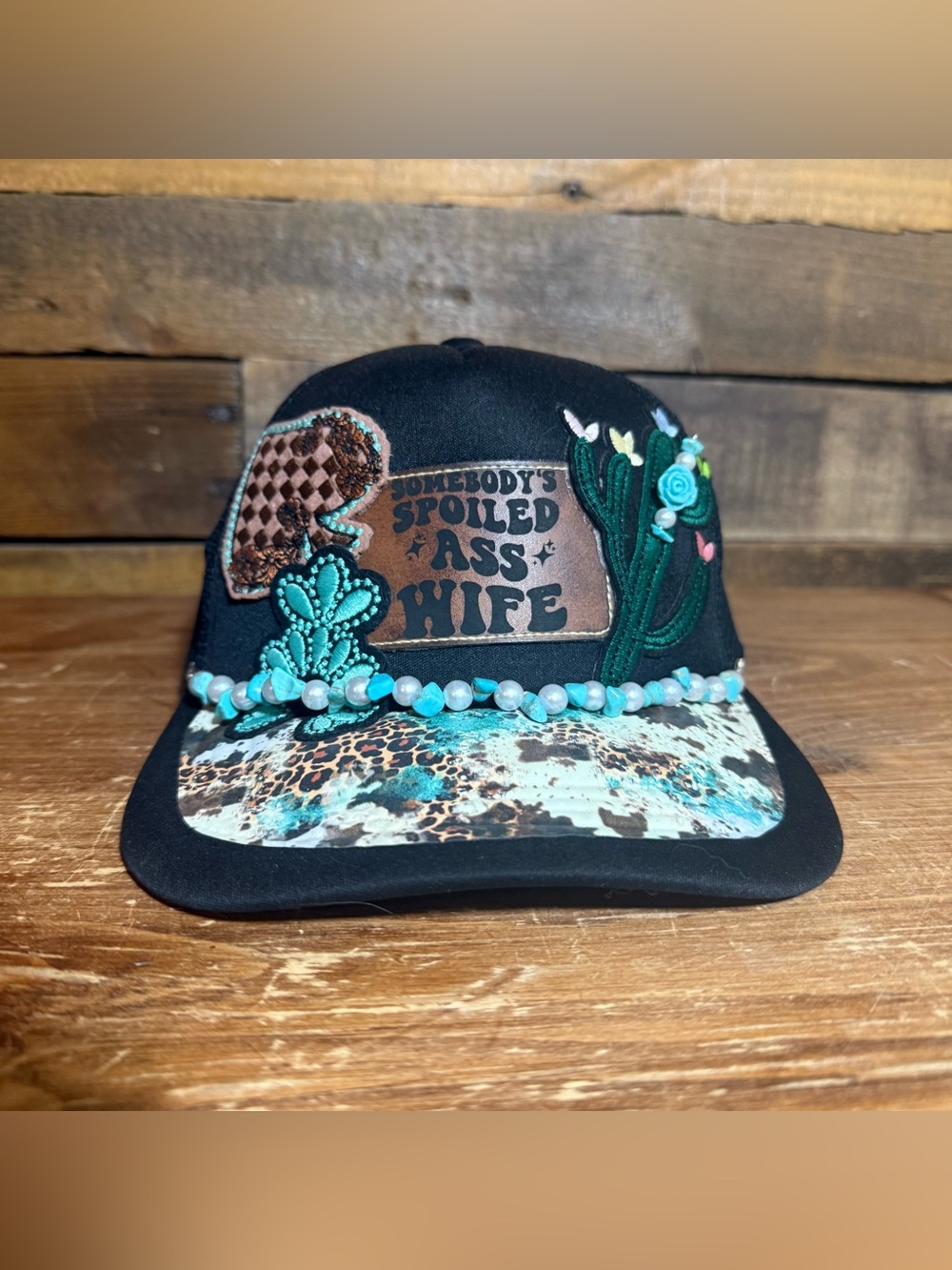 Black Trucker Hat Cactus Checkered Turquoise Spoiled Wife Pearls Western Cowhide